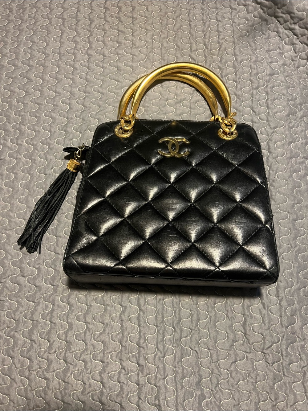 Black Quilted Top-Handle Tote with Gold Hardware